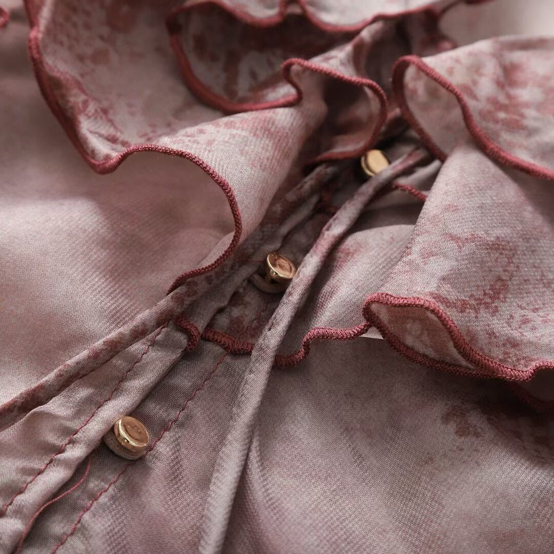 Damen Chiffonbluse mit Rüschenkragen, Volantärmeln und dekorativer Schnürung Drune