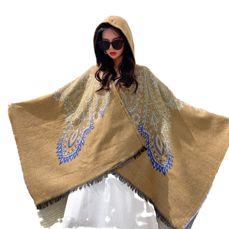 Damen Poncho mit Kapuze und kunstvollem Paisleymuster Drune