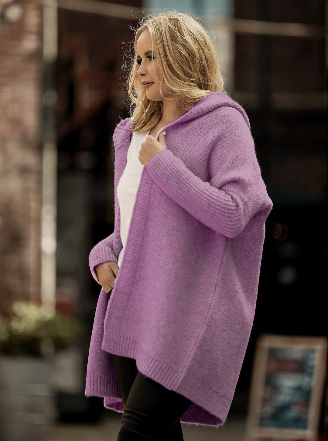 Damen lässiger Strickcardigan mit Kapuze und großen Taschen Drune