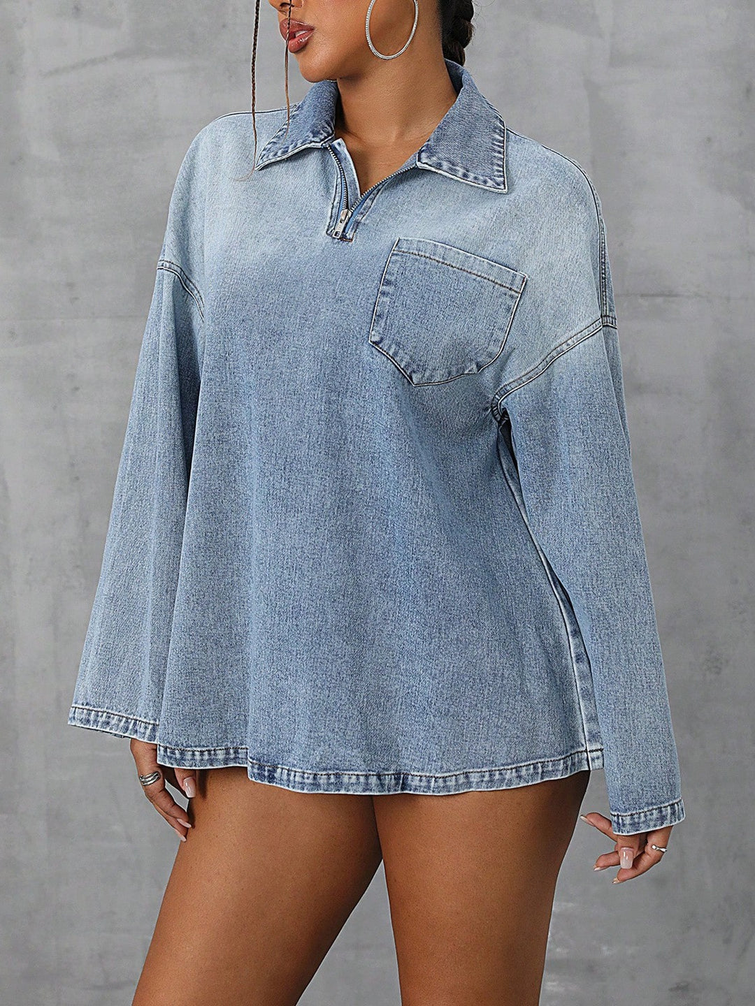 Damen oversized Denim-Bluse mit praktischem Reißverschluss und lässigem Kragen Drune