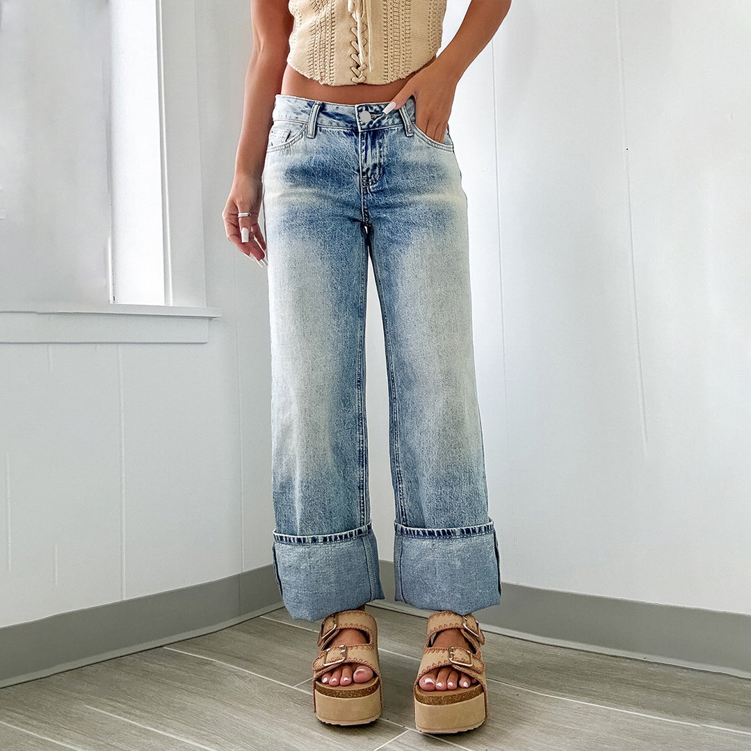 Damen Weite High-Waist Jeans mit breitem Umschlag Drune