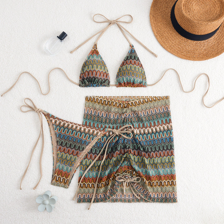 Damen Triangel-Bikini mit Raffinierten Knüpfdetails und Passendem Rock Drune