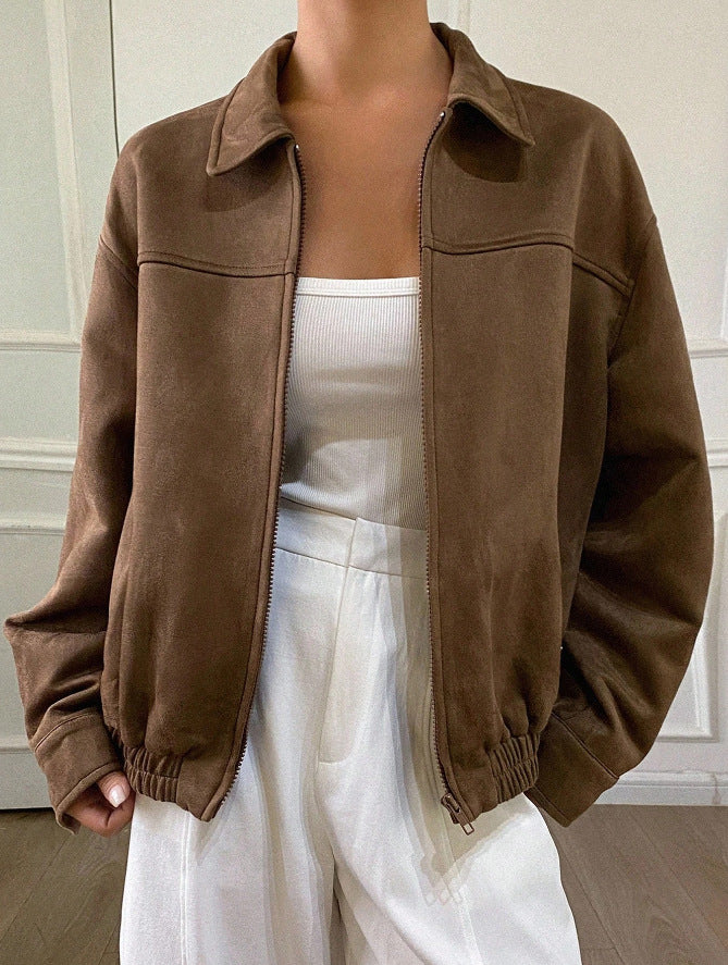 Damen Oversized Wildlederoptik Bomberjacke mit Reißverschluss und elastischem Saum Drune