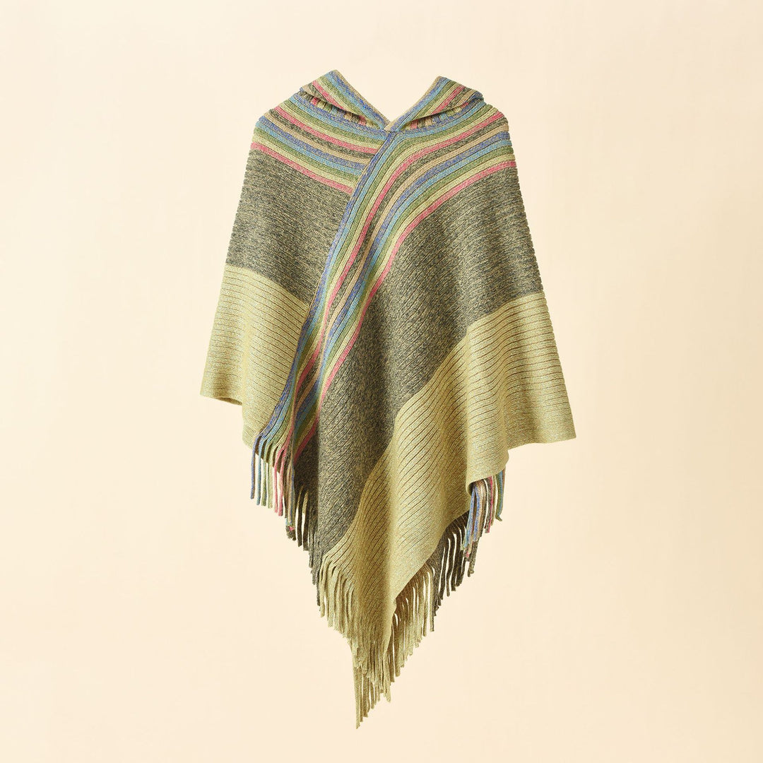 Damen Kapuzen-Poncho im Grobstrick mit Fransensaum Drune