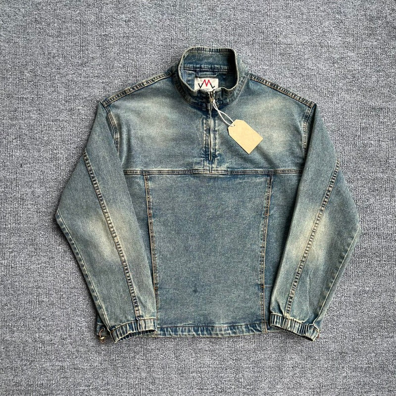 Herren Denim-Pulloverjacke im Vintage-Look mit Halbzip und Stehkragen Drune