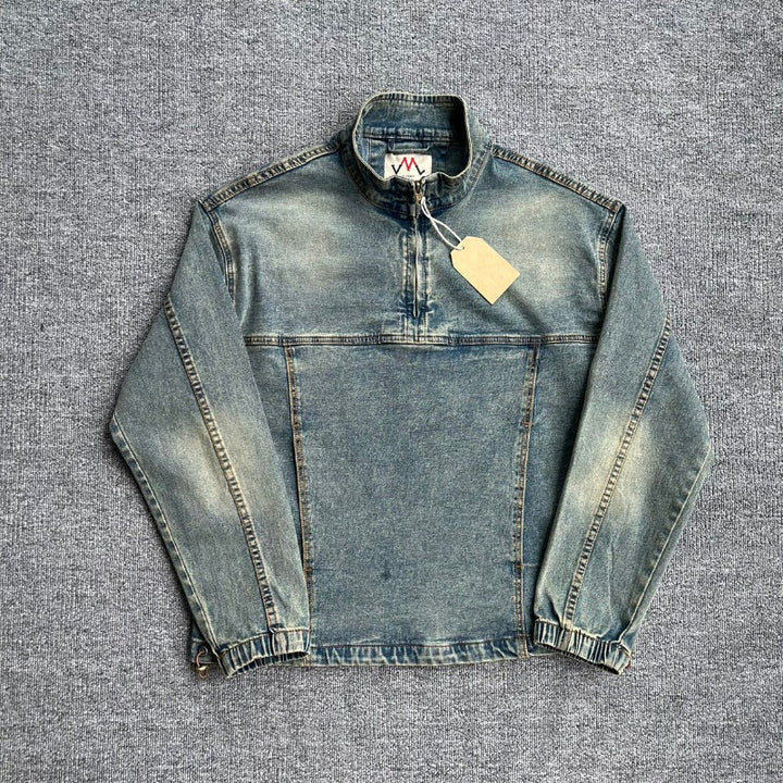 Herren Denim-Pulloverjacke im Vintage-Look mit Halbzip und Stehkragen Drune