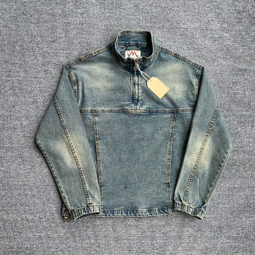Herren Denim-Pulloverjacke im Vintage-Look mit Halbzip und Stehkragen Drune