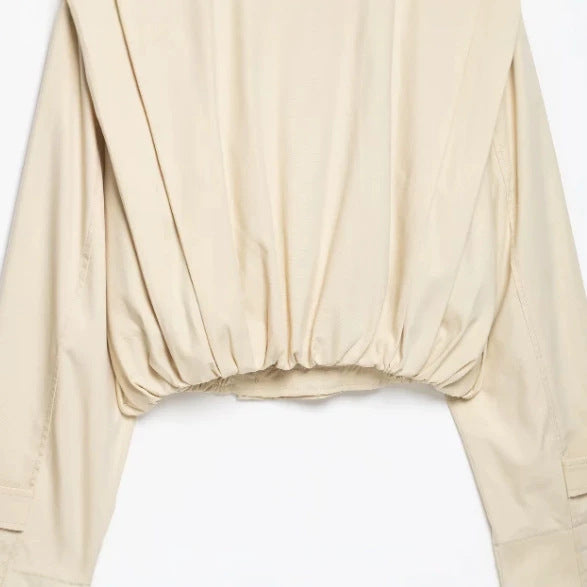 Damen Cropped Trenchjacke mit doppelreihiger Knopfleiste, hohem Stehkragen und taillierendem Elastbund Drune