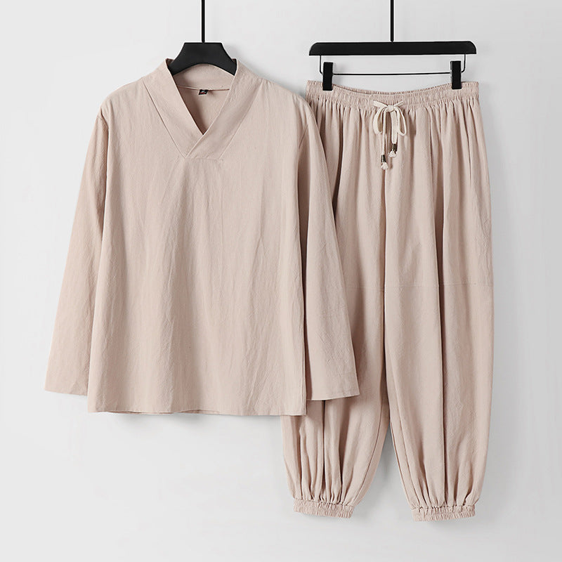 Herren Lockeres Leinen-Loungewear-Set mit V-Ausschnitt elastischem Bund und gerafften Knöcheln Drune
