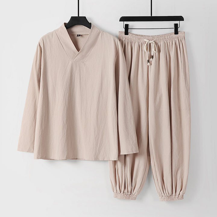 Herren Lockeres Leinen-Loungewear-Set mit V-Ausschnitt elastischem Bund und gerafften Knöcheln Drune