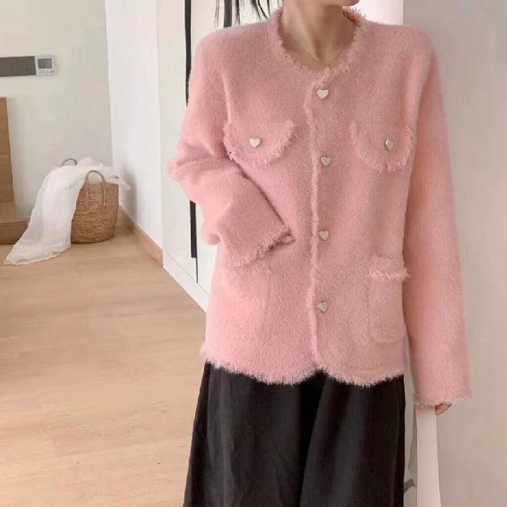 Damen Flauschiger Cardigan mit Herzen-Details Drune