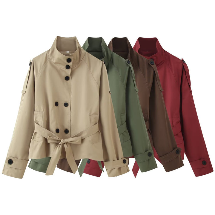 Damen 400+ kurzer taillierter Trenchblouson mit Stehkragen, doppelreihiger Knopfleiste und Bindegürtel Drune