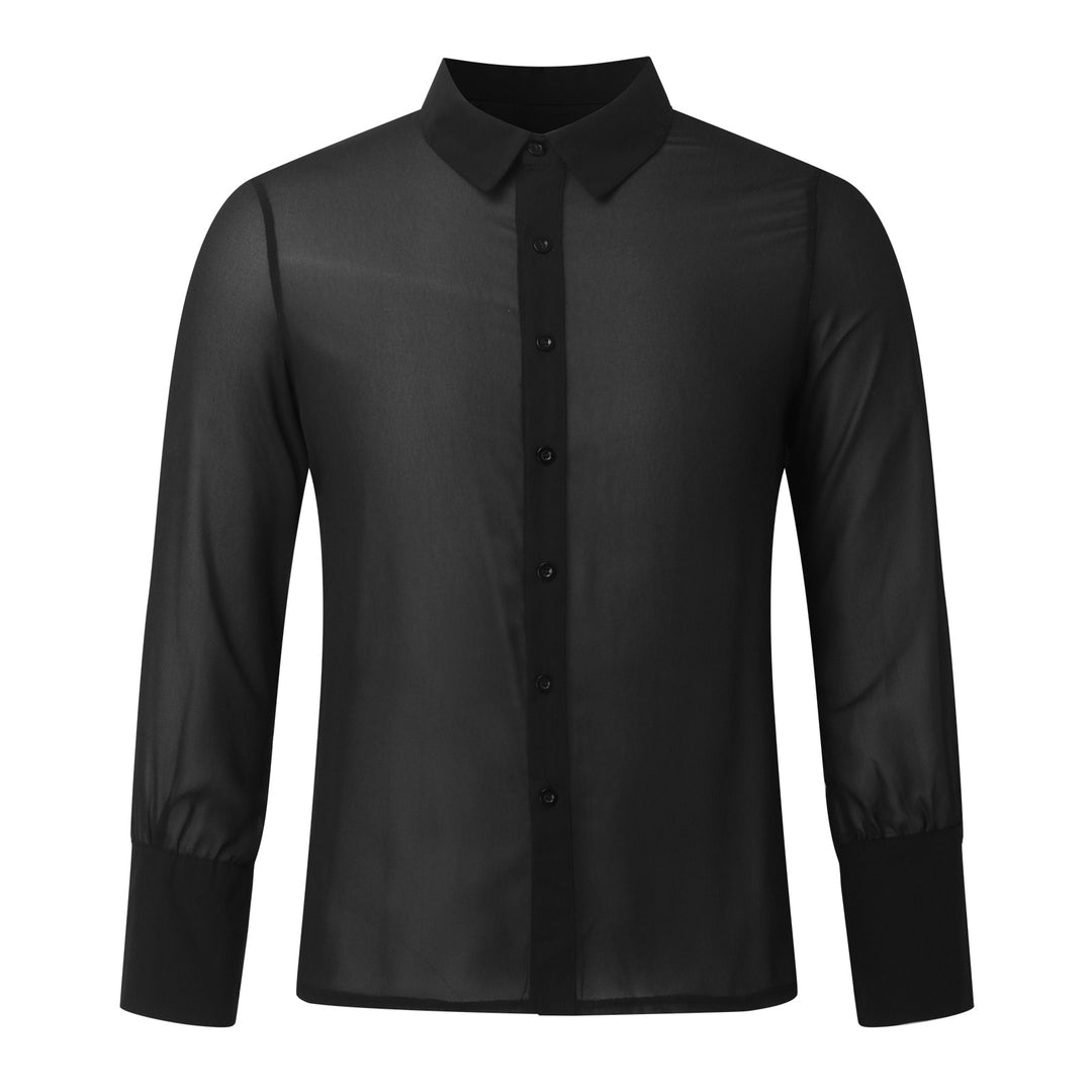Damen nan semi-transparente Langarm-Chiffonbluse mit Hemdkragen und breiten Manschetten Drune