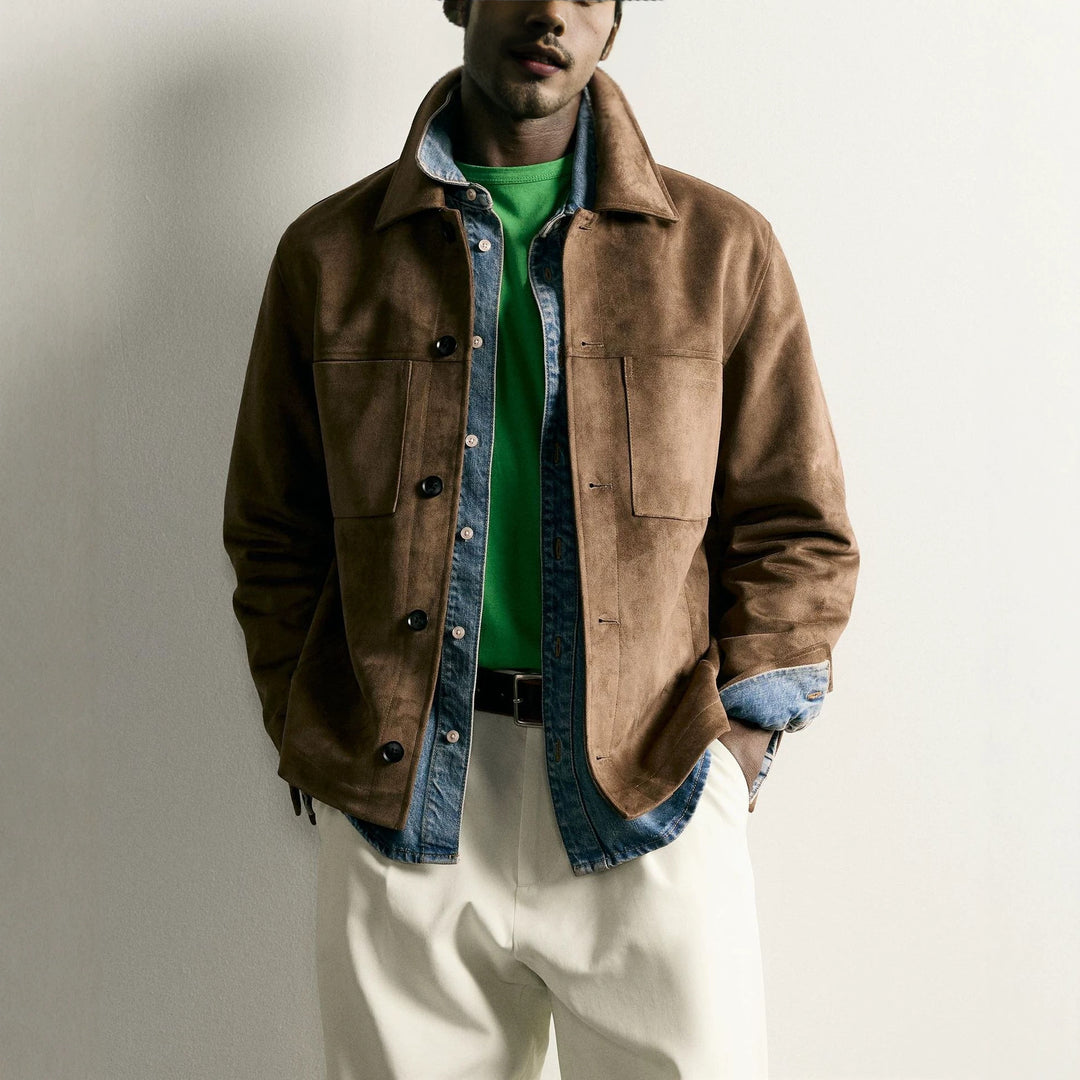 Herren Boxy-Overshirt aus Velourslederimitat mit aufgesetzten Pattentaschen Drune