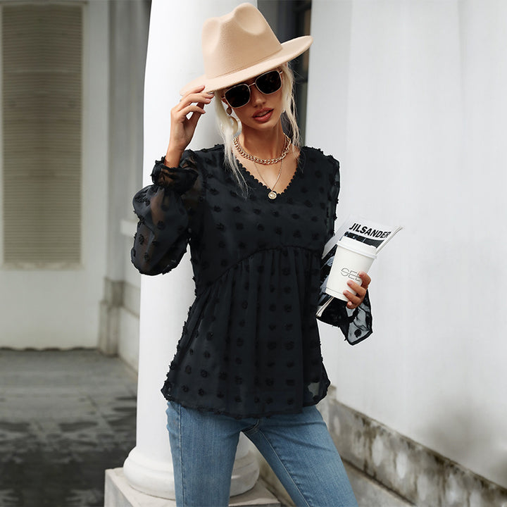 Damen Transparente Chiffon‑Bluse mit V‑Ausschnitt, erhabener Punkte‑Textur und Babydoll‑Silhouette Drune