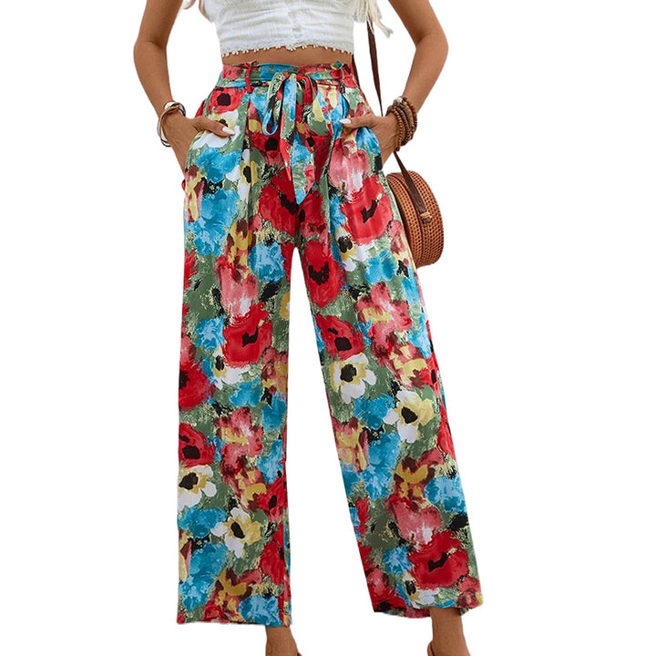 Damen Leichte High‑Waist Marlenehose mit floralem Aquarellprint, weitem Bein & Bindegürtel Drune