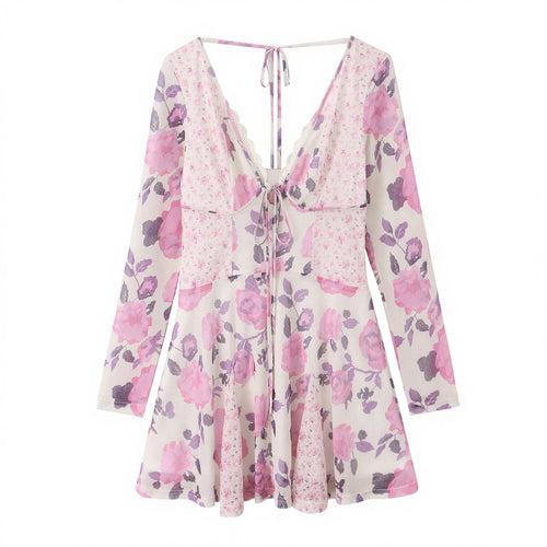 Damen nan florales Skaterkleid mit tiefem V-Ausschnitt, Bindeband‑Detail und Spitzenbesatz Drune