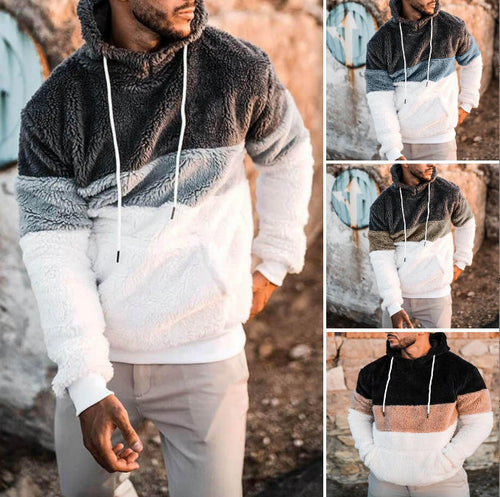 Herren Farbblock-Teddy-Fleece Kapuzenpullover mit Kängurutasche und Tunnelzug Drune