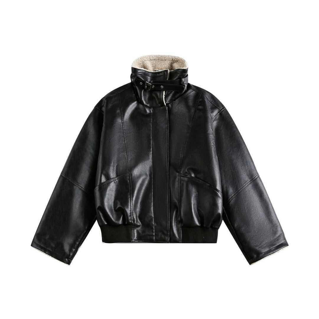 Damen Moderner Aviator-Blouson aus veganem Leder mit Teddykragen und kontrastierten Ärmelumschlägen Drune