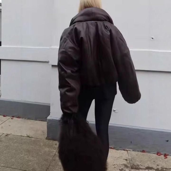 Damen Oversized Kunstleder‑Blouson mit voluminösem Stehkragen und elastischem Saum Drune