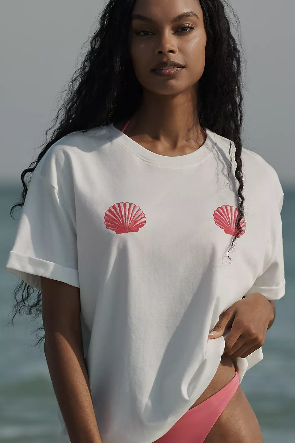 Damen lässiges T-Shirt mit maritimem Muschel-Print und lockerer Passform Drune