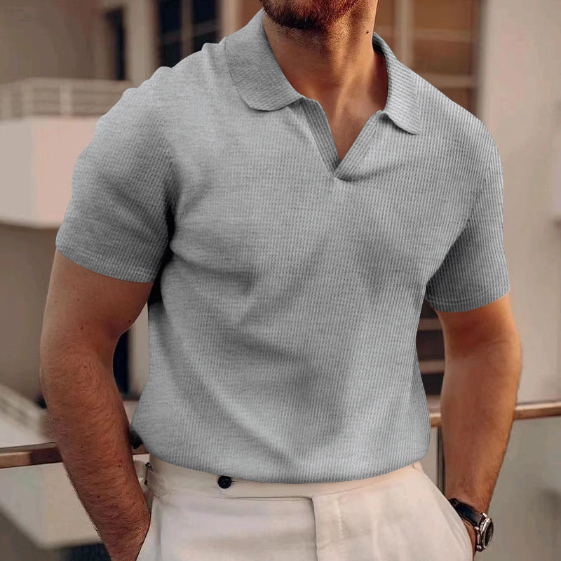 Herren nan leichtes Kurzarm-Polo aus Waffeljersey mit offenem V-Ausschnitt und Hemdkragen Drune
