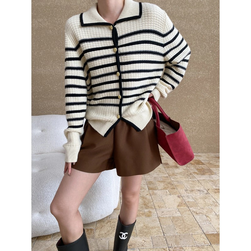 Damen gestreifte Strickjacke mit Druckknopfverschluss und lässiger Passform Drune