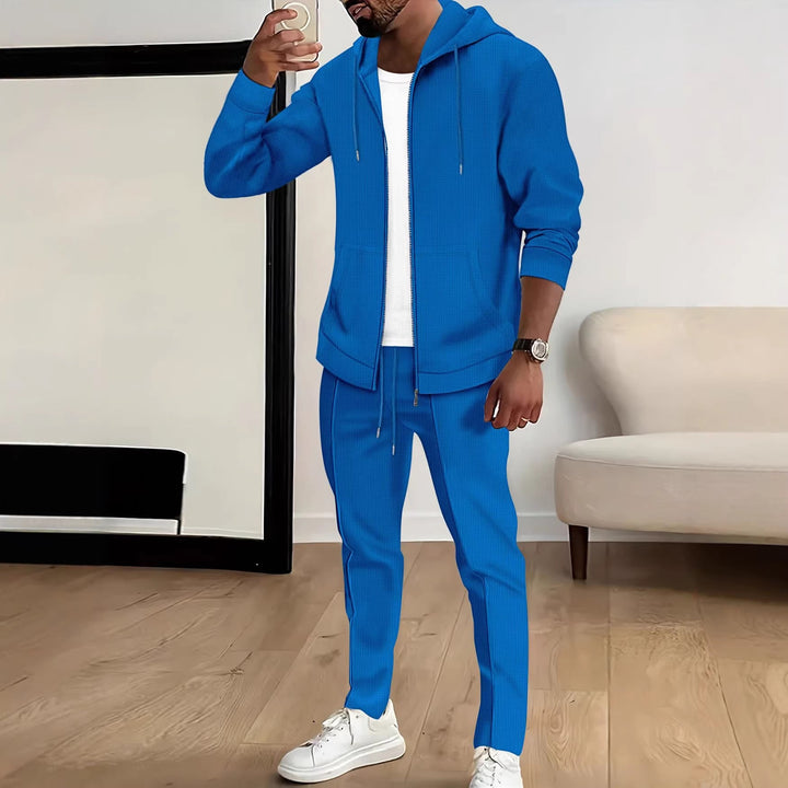 Herren nan Waffelstruktur-Jogginganzug mit Kapuzen-Zipjacke und konisch geschnittener Jogginghose Drune