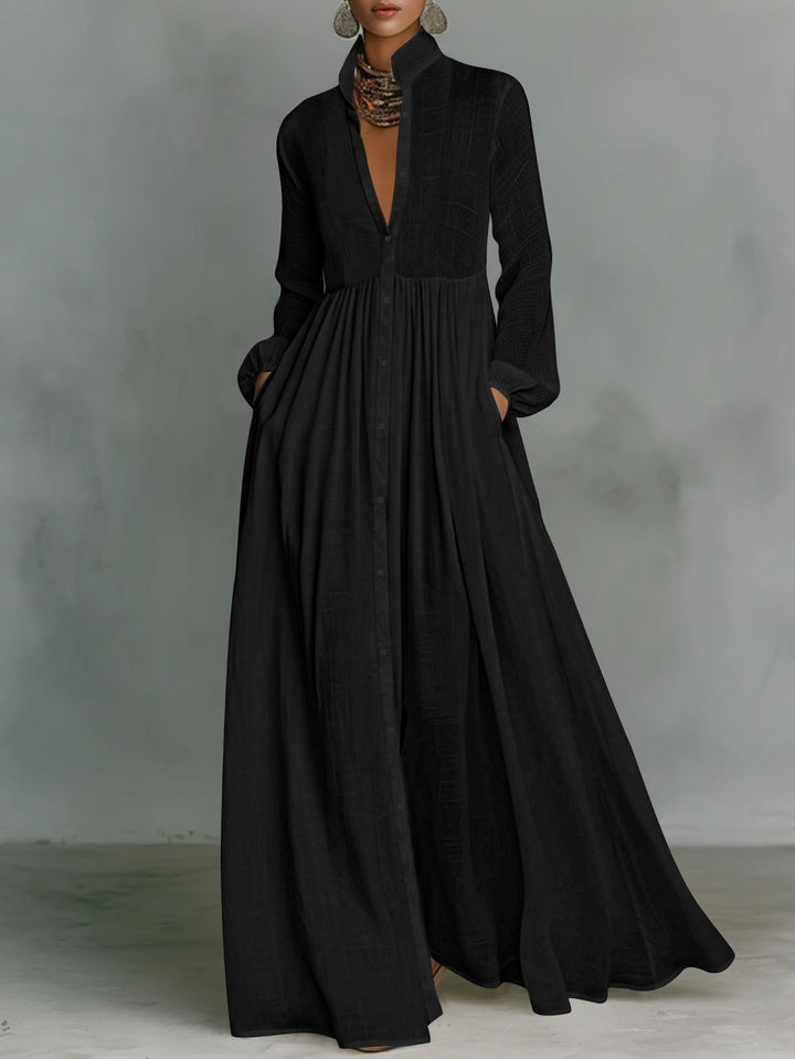 Damen Maxikleid mit Stehkragen, durchgehender Knopfleiste, taillenhoher Raffung und Eingrifftaschen Drune