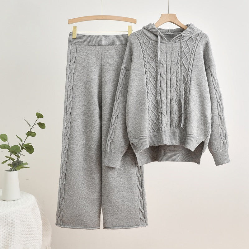 Damen lässiges Strick-Loungewear-Set mit Kapuze und breiten Beinen Drune