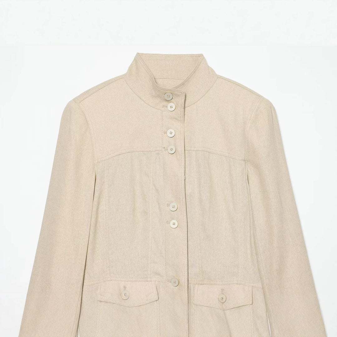 Damen Leichte Leinenoptik Hemdjacke mit Stehkragen, Knopfleiste und ausgestelltem Saum Drune