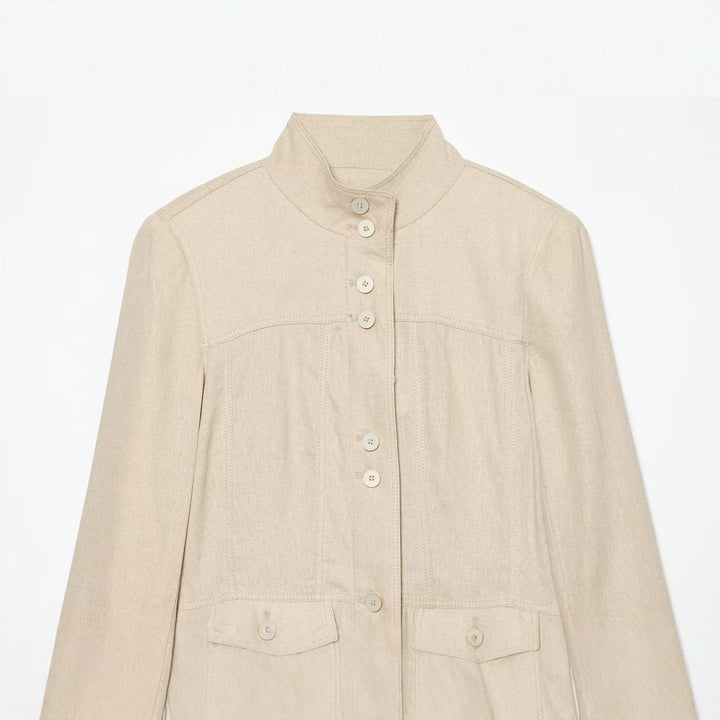 Damen Leichte Leinenoptik Hemdjacke mit Stehkragen, Knopfleiste und ausgestelltem Saum Drune