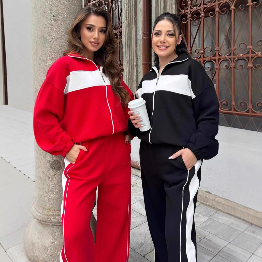 Damen Komfortables Campus-Lounge-Set mit kurzem Reißverschluss-Top und Seitenstreifen-Jogger Drune