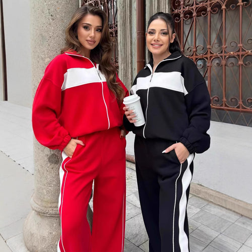 Damen Komfortables Campus-Lounge-Set mit kurzem Reißverschluss-Top und Seitenstreifen-Jogger Drune