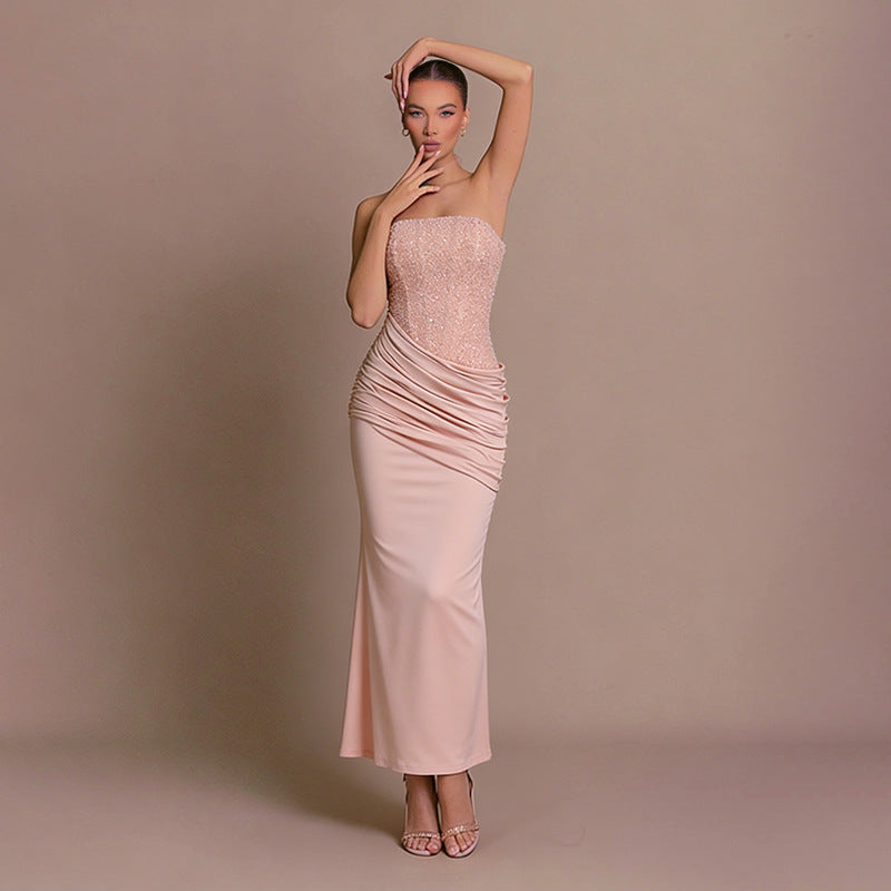 Damen Elegantes langes Abendkleid mit figurschmeichelndem Rüschendesign und schimmernden Pailletten Drune