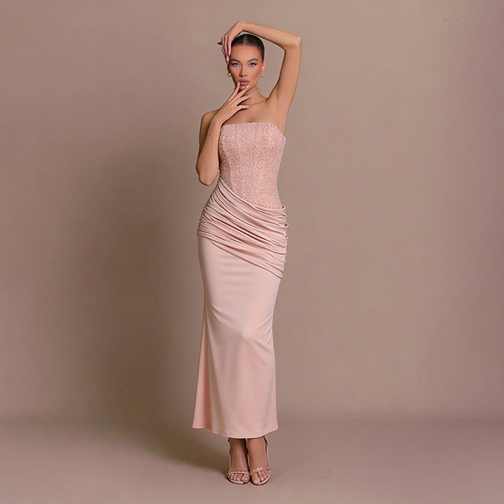 Damen Elegantes langes Abendkleid mit figurschmeichelndem Rüschendesign und schimmernden Pailletten Drune