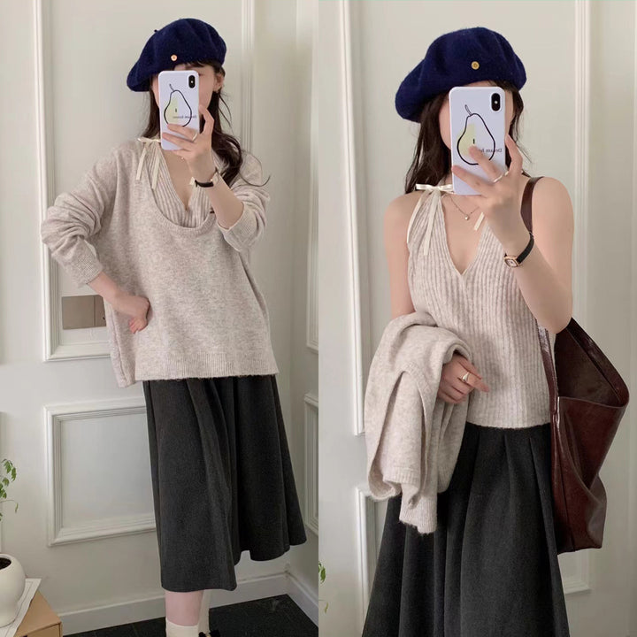 Damen lässiger V-Ausschnitt Pullover mit feinem Rippmuster Drune