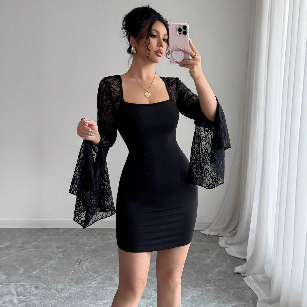 Damen nan figurbetontes Minikleid mit quadratischem Ausschnitt und ausgestellten Spitzenärmeln Drune