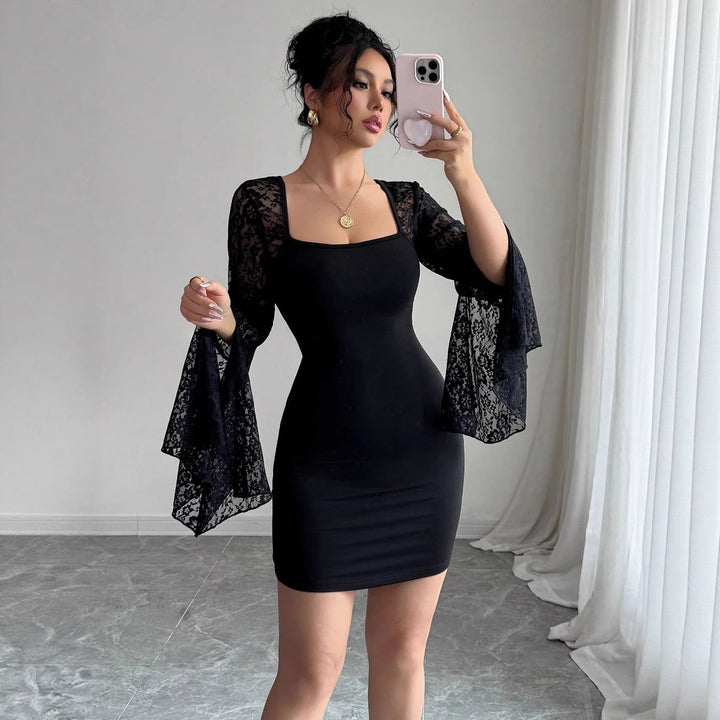 Damen nan figurbetontes Minikleid mit quadratischem Ausschnitt und ausgestellten Spitzenärmeln Drune
