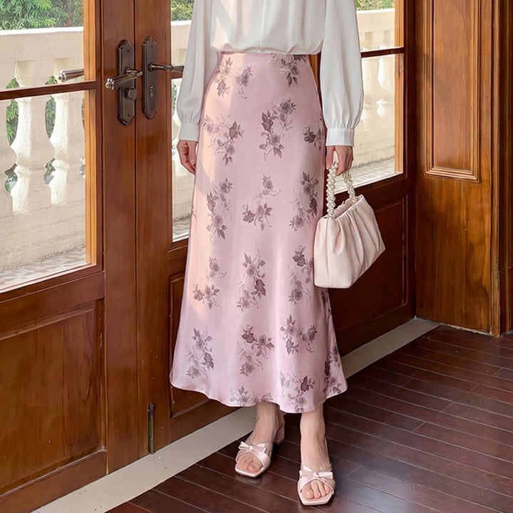 Damen nan taillenhoher A-Linien-Midirock aus jacquardähnischem Satin mit floralem Relief Drune