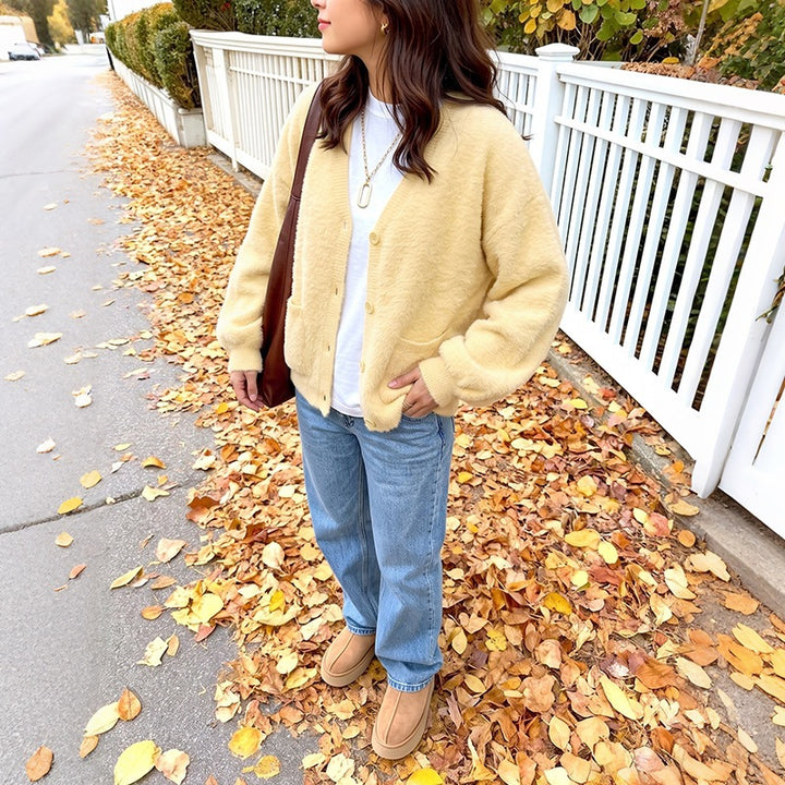 Damen Kuschelige Oversize-Cardigan aus Teddy-Fleece mit V-Ausschnitt, aufgesetzten Taschen & Rippbündchen Drune