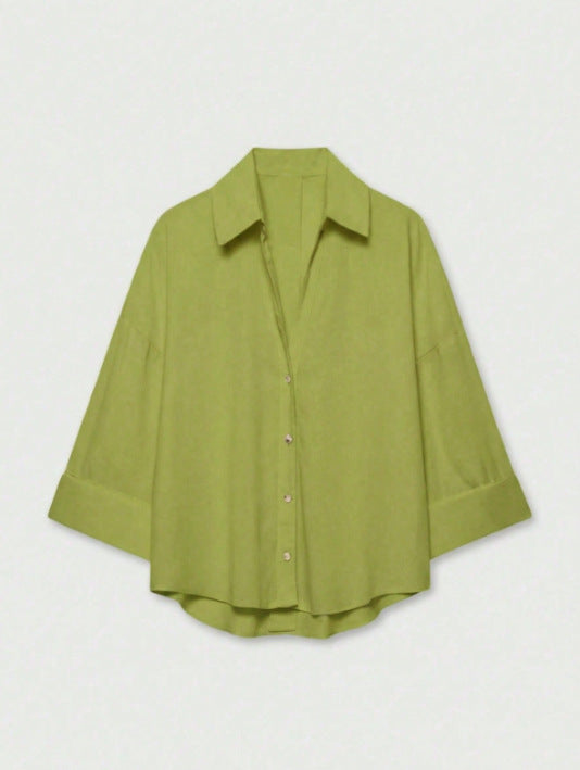 Damen Leichte Oversize Leinenoptik Bluse mit Dreiviertelärmeln und durchgehender Knopfleiste Drune