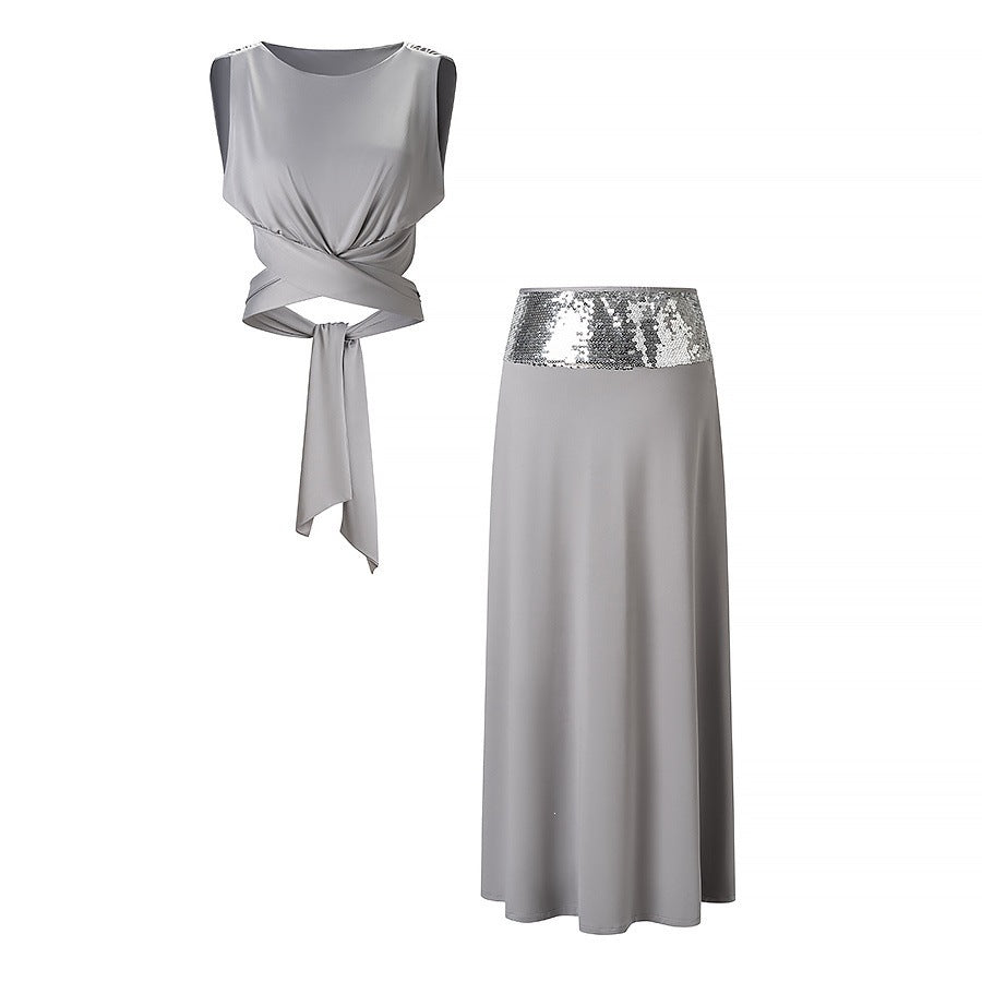 Damen elegantes Wickeloberteil und maxilanger Rock mit Paillettenbund Drune