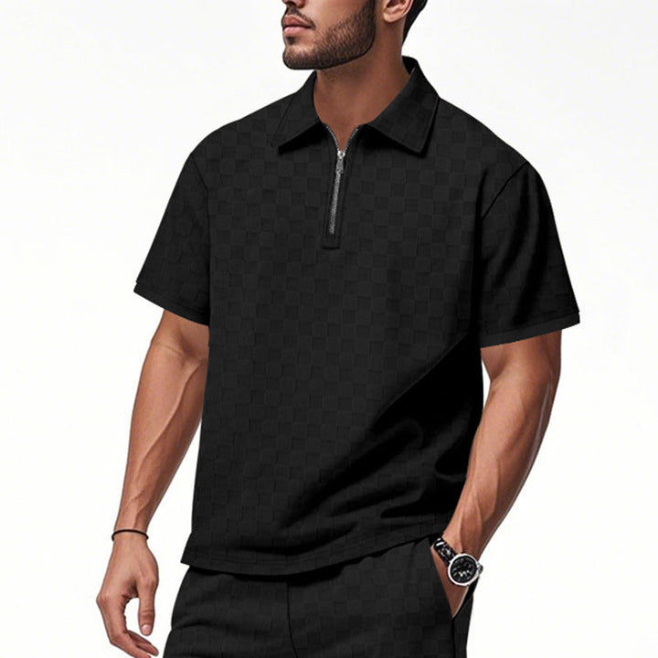 Herren nan kurzes Halbzip-Poloshirt aus strukturierter Waffelpiqué mit Hemdkragen und figurbetonter Passform Drune