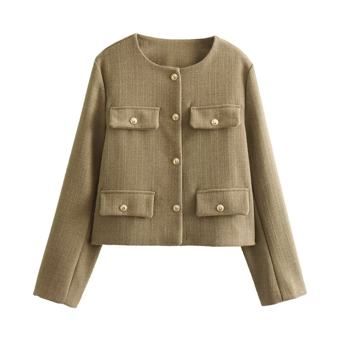 Damen Bouclé-Cropped-Jacke mit vier Pattentaschen und goldenen Schmuckknöpfen Drune