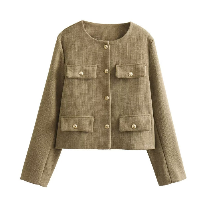Damen Bouclé-Cropped-Jacke mit vier Pattentaschen und goldenen Schmuckknöpfen Drune