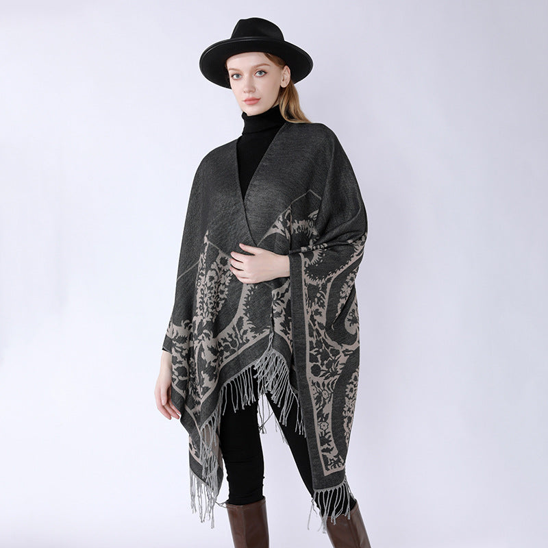 Damen Oversize-Umhangponcho mit floralen Medaillon-Jacquard und Fransensaum Drune