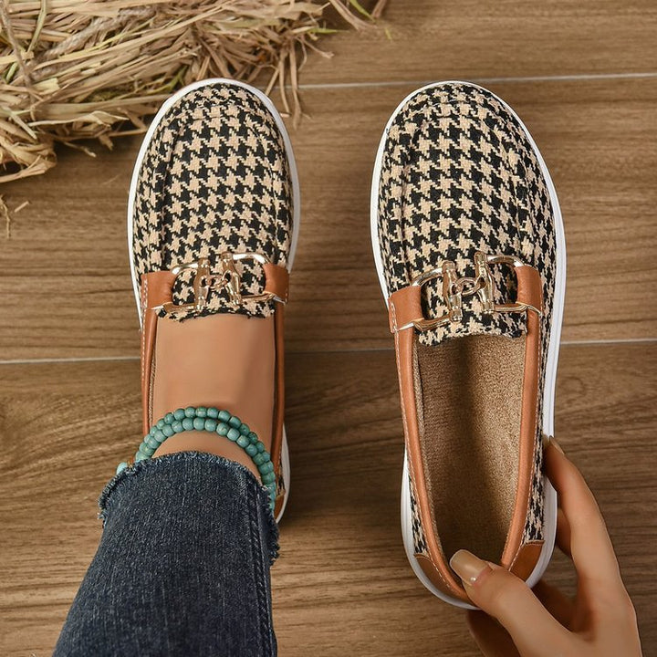 Damen Slip-On Clogs mit modischem Karomuster und elegantem Schnallen-Detail Drune