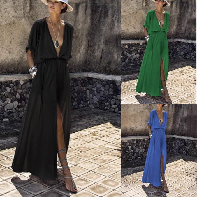Damen Elegantes Maxikleid mit tiefem V-Ausschnitt und hohem Schlitz Drune