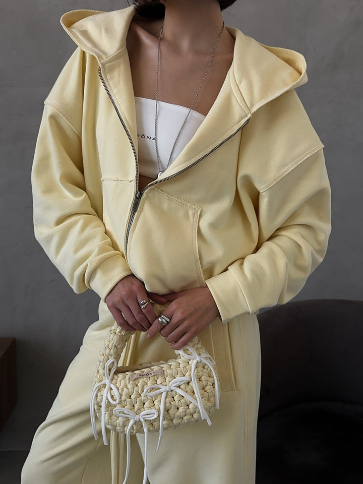 Damen oversized kurz geschnittener Kapuzenpullover und hochtaillierte Jogginghose Set aus Bio-Baumwollfleece Drune